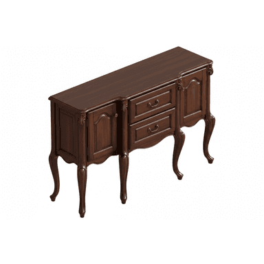 An ornate, dark wood sideboard featuring cabriole legs, intricate carvings, two central drawers with brass pulls, and two side cabinets with arched doors and brass keyholes. — 3D model (AI enhanced source)
