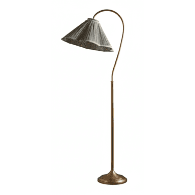 An elegant floor lamp featuring an antique brass finish, a slender, curved arc arm, and a pleated conical textile shade in a greenish-grey hue. The lamp stands on a weighted, stepped round base, providing stability and a classic aesthetic. — 3D model (AI enhanced source)