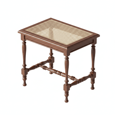 A rectangular accent table constructed from dark brown turned wood with a woven cane top. It features decorative turned legs connected by X-shaped stretcher bars near the base, terminating in ball feet. — 3D model (AI enhanced source)