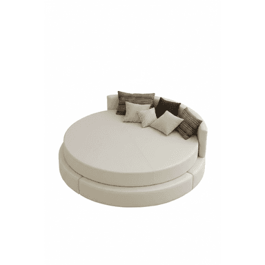 A large, round upholstered daybed featuring a two-tiered design with a main circular seating platform and a lower, wider circular base. It includes a partial backrest and is accessorized with multiple throw pillows. — 3D model (AI enhanced source)