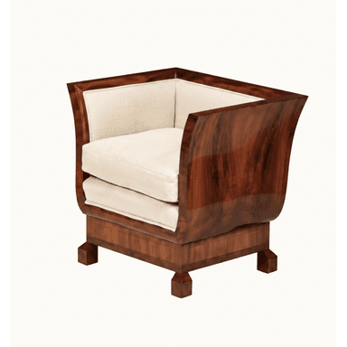 A Biedermeier style armchair featuring a substantial, polished dark wood frame with gracefully curved arms and upholstered seat and back cushions in a light, neutral fabric. The base is a solid plinth-like structure supported by block feet. — 3D model (AI enhanced source)