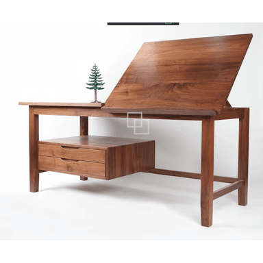 A modern solid wood drafting desk featuring an adjustable, tilting work surface on one side and a fixed flat surface on the other, integrated with a two-drawer storage unit. The desk is constructed from rich brown wood with visible grain. — 3D model (AI enhanced source)