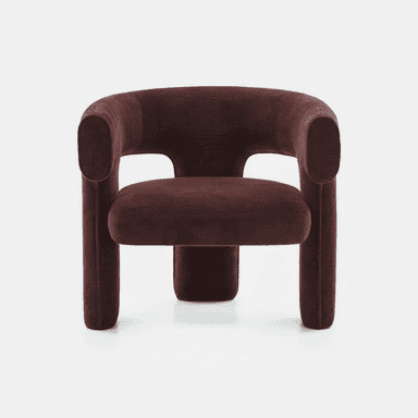 A modern, upholstered lounge chair featuring a distinctive sculptural and curvilinear form. The backrest and armrests are seamlessly integrated into a continuous, enveloping shape, upholstered in a deep reddish-brown, textured fabric. It stands on thick, rounded, integrated legs. — 3D model (AI enhanced source)