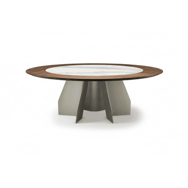 A modern dining table with a circular top featuring a central marble inlay surrounded by a dark wood veneer rim. The base is constructed from sculpted metal panels, creating an abstract, pedestal-like structure with intersecting planes. — 3D model (AI enhanced source)