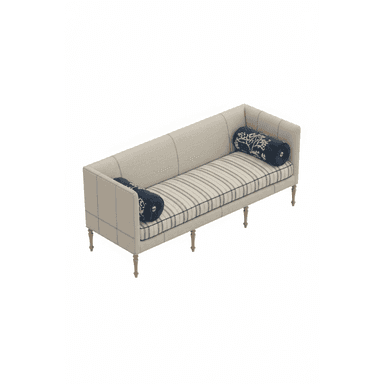 An upholstered daybed settee featuring a beige fabric with a subtle plaid pattern on the exterior frame and a blue and white striped pattern on the seat cushion. It has a single high backrest and a low armrest on the opposite side, creating an open, elongated seating area. The settee is supported by six light-colored, turned wooden legs. Two round bolster pillows, upholstered in dark blue fabric with white embroidered patterns, are positioned at each end. — 3D model (AI enhanced source)