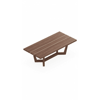 A rectangular coffee table featuring a dark walnut wood top with two integrated parallel brass inlays, supported by a distinctive angular and geometric walnut wood base. — 3D model (AI enhanced source)