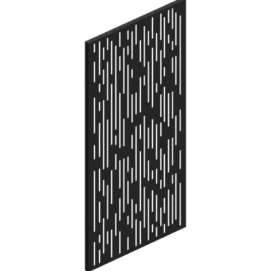 A tall, rectangular, thin black panel featuring an abstract pattern of varied vertical and diagonal slot-like perforations, designed for spatial division or decorative purposes. — 3D model (AI enhanced source)