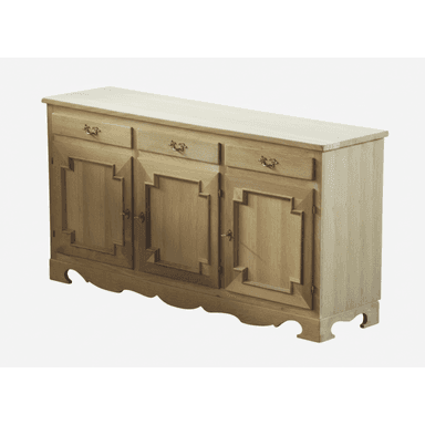 A rectangular wooden sideboard featuring three drawers and three cabinet doors, adorned with brass hardware and decorative paneling. — 3D model (AI enhanced source)