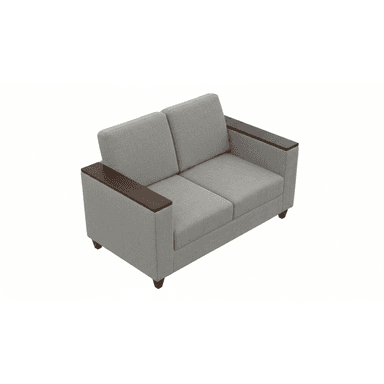 A modern two-seater loveseat with a light grey fabric upholstery and dark wood panels integrated into the top of the armrests. It features a clean, boxy silhouette with individual seat and back cushions. — 3D model (AI enhanced source)