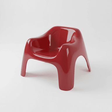 A modern, single-seater armchair with a fluid, molded design. The chair features a continuous, rounded form encompassing the seat, backrest, and armrests. It is supported by four integrated legs that extend downwards from the main body. The surface is glossy and reflects light, suggesting a material like plastic or lacquered composite. — 3D model (AI enhanced source)