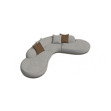 A light grey modular sectional sofa with curvilinear, organic shapes and a low profile, accompanied by accent pillows in brown and light grey. — 3D model (AI enhanced source)