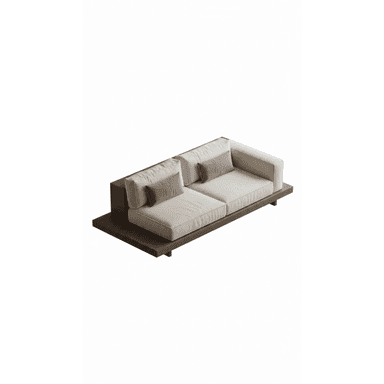 A contemporary two-seater loveseat featuring a dark wood platform base that extends beyond the upholstered seating area, providing integrated side surfaces. The seating consists of thick, light-colored fabric cushions for the seat and back, complemented by two smaller grey accent pillows. The design is characterized by its low profile and clean, minimalist lines. — 3D model (AI enhanced source)