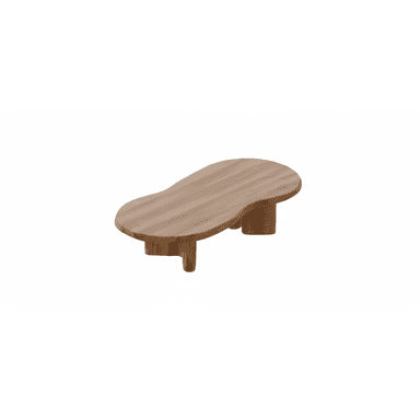 A low-profile wooden coffee table featuring a biomorphic or kidney-bean-shaped tabletop, crafted from light-toned wood with visible grain. The tabletop rests on two robust, short, and rounded block-like legs, which are integrated into the overall minimalist and organic design. — 3D model (AI enhanced source)