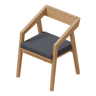 A modern wooden armchair featuring a light-toned wooden frame with a distinct geometric design. The chair includes integrated armrests and a solid backrest made from the same wood. The seat is fitted with a comfortable dark gray upholstered cushion, providing a contrast to the light wood. The overall aesthetic is clean and contemporary. — 3D model (AI enhanced source)