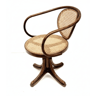 A vintage bentwood swivel desk chair featuring a dark wood frame, woven cane seat, and a curved backrest. — 3D model (AI enhanced source)
