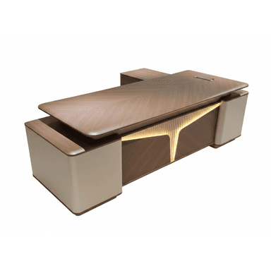 An executive desk featuring a layered, modern design with a dominant wood veneer surface, possibly walnut, showcasing a distinctive herringbone pattern on the main desktop. The desk incorporates integrated LED lighting along its front fascia, creating a warm glow. Side panels are upholstered in a contrasting light-colored leatherette or faux leather, with rounded edges. The desk also includes built-in storage or support structures on the sides and appears to have an integrated power/data grommet on the desktop. — 3D model (AI enhanced source)