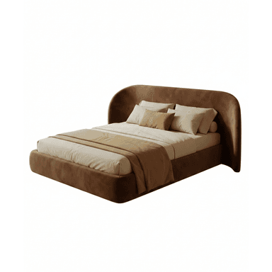 A contemporary upholstered platform bed with a distinctive curved headboard and footboard, rendered in a warm brown fabric, likely velvet or suede. The design is sleek, minimalist, and features softly rounded edges throughout the frame. — 3D model (AI enhanced source)
