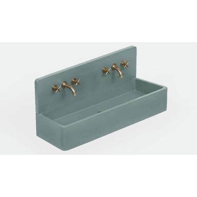 A modern, minimalist wall-mounted sink unit made of blue-gray concrete, featuring a double basin trough design and two sets of wall-mounted brass faucets with cross handles. The unit includes an integrated back panel. — 3D model (AI enhanced source)
