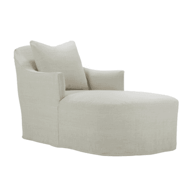 A contemporary chaise lounge featuring a fully upholstered body in a light-colored fabric. It includes a single loose back cushion and wide, slightly sloped armrests, with a relaxed skirted base extending to the floor. — 3D model (AI enhanced source)
