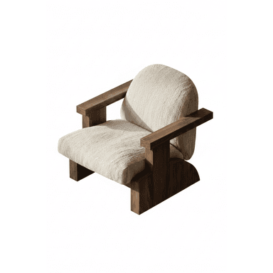A contemporary low-profile lounge chair featuring a sturdy, rectilinear wooden frame in a dark finish, paired with plush, light-colored textured fabric cushions. The design emphasizes clean lines and comfort. — 3D model (AI enhanced source)