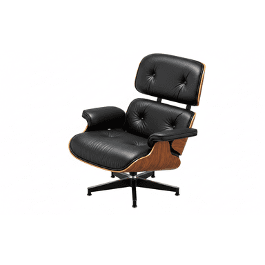 A classic Mid-Century Modern lounge chair featuring a black leather upholstered seat, backrest, and armrests, set within a molded plywood frame with a walnut veneer finish. It stands on a black five-star aluminum base with glides. — 3D model (AI enhanced source)