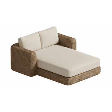 A modern outdoor chaise lounge featuring a woven wicker base and frame, with plush, light-colored fabric cushions for comfort. The chaise has a backrest with two individual cushions and a single armrest on the left side (when viewed from the front). The design is sleek and contemporary, suitable for outdoor living spaces. — 3D model (AI enhanced source)