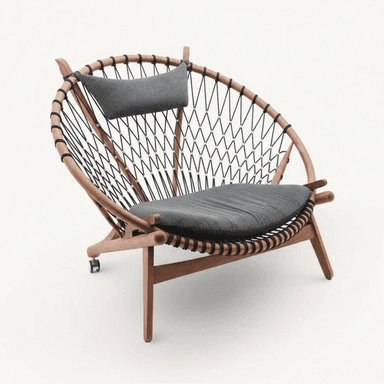 A stylish lounge chair featuring a circular wooden frame, a woven rope backrest, and dark grey fabric cushions, with casters on the front legs. — 3D model (AI enhanced source)
