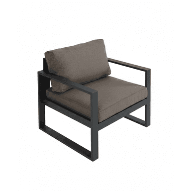 A modern outdoor lounge armchair featuring a dark gray metal frame and two removable brown fabric cushions. The frame has a distinct boxy, minimalist design with an open base, and flat, wide armrests. The seat and back cushions are upholstered in a durable, textured brown fabric, providing comfort and contemporary aesthetic. — 3D model (AI enhanced source)
