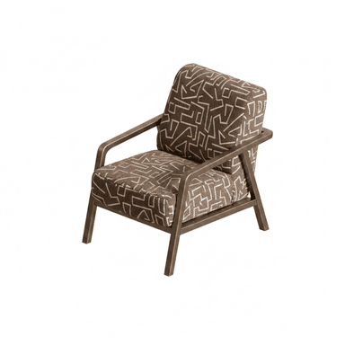 A contemporary lounge chair featuring a sturdy, exposed metal frame in a dark bronze or brown finish, supporting thick, removable cushions for the seat and backrest. The upholstery fabric displays a distinctive geometric pattern in shades of brown and white/light beige. The frame includes integrated armrests, maintaining a clean, angular silhouette. — 3D model (AI enhanced source)