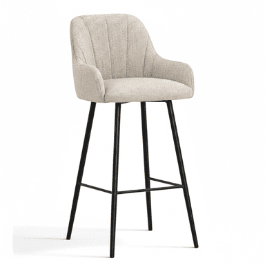 An upholstered bar stool featuring a comfortable seat with integrated armrests and a high backrest, supported by slender black metal legs. — 3D model (AI enhanced source)