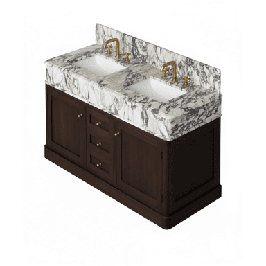 A double sink bathroom vanity with a marble countertop and wooden base. The vanity features two undermount sinks, brass faucets, and a backsplash. The base is constructed from dark wood and includes two cabinet doors and three drawers, all fitted with brass knobs. — 3D model (AI enhanced source)