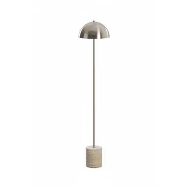A modern floor lamp featuring a polished or brushed metal dome shade, a slender metal stem, and a cylindrical travertine stone base. The design is minimalist and sleek, combining natural stone texture with reflective metal surfaces. — 3D model (AI enhanced source)