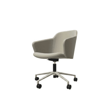 A contemporary office chair featuring a light gray upholstered, integrally molded seat and backrest with integrated armrests, set on a silver-tone five-star base with casters and a height-adjustable gas lift. — 3D model (AI enhanced source)