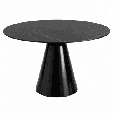 A modern round dining table featuring a black tabletop with subtle light veining, supported by a glossy black conical pedestal base. — 3D model (AI enhanced source)