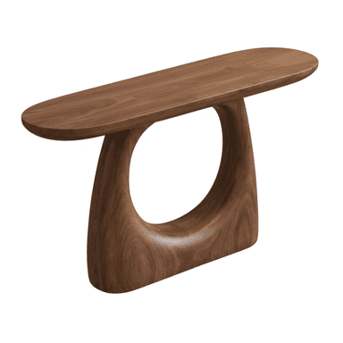 An organic modern console table crafted from dark walnut wood, featuring a smooth, oblong tabletop and a distinctive sculptural base with a curvilinear, open form. The entire piece appears to be seamlessly constructed, showcasing the natural grain of the wood. — 3D model (AI enhanced source)