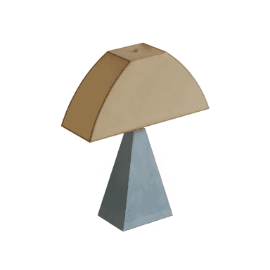 A modern table lamp featuring a pyramidal concrete base and a distinctive arched fabric shade. The design is geometric and minimalist, combining industrial and soft textures. — 3D model (AI enhanced source)