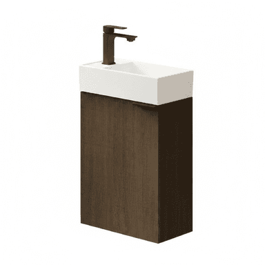 A modern, wall-mounted vanity unit with a rectangular basin and a matte black faucet. The unit features a two-tone design, with a white ceramic or composite basin integrated into the top surface, and a dark wood-grain cabinet base. The cabinet has a minimalist, handle-less design. — 3D model (AI enhanced source)