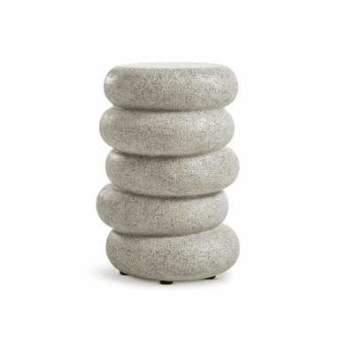 A modern cylindrical stool featuring a stacked design of five rounded segments, finished with a speckled, light gray texture. The form is minimalist and sculptural, resting on small, discreet feet. — 3D model (AI enhanced source)