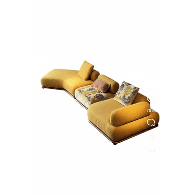 A multi-piece modular sectional sofa with curvilinear forms, upholstered in a mustard yellow fabric, featuring a low profile and patterned accent cushions. — 3D model (AI enhanced source)