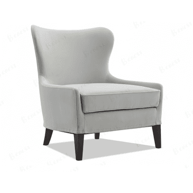 A light grey upholstered wingback armchair with a high back, subtly flared wings, and dark wood tapered legs, featuring a single seat cushion. — 3D model (AI enhanced source)