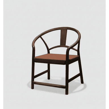 A dark wood armchair featuring a distinctive continuous, horseshoe-shaped backrest and armrests, paired with a flat, padded reddish-brown leather seat. The chair's frame is made of solid wood, exhibiting clean lines and a minimalist aesthetic. — 3D model (AI enhanced source)