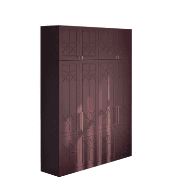 A tall, multi-door wardrobe with a dark burgundy finish. It features decorative paneling with geometric patterns on the doors and a set of four long, brass-colored handles. The wardrobe appears to have at least six doors, divided into two sections vertically and three sections horizontally. The upper section has four smaller doors, and the lower section has four larger doors. The overall design suggests a modern interpretation of classic aesthetics. — 3D model (AI enhanced source)