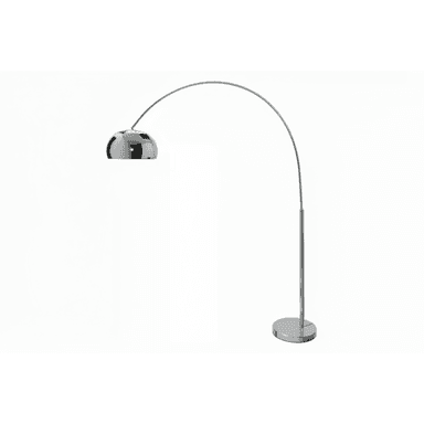 A modern arc floor lamp with a polished chrome finish, featuring a gracefully curved arm and a reflective, domed shade, supported by a sturdy circular base. — 3D model (AI enhanced source)