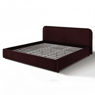 A modern platform bed frame featuring a fully upholstered headboard and side rails in a dark red or burgundy velvet-like fabric. The headboard has a simple, rounded design, and the frame includes wooden slats for mattress support, eliminating the need for a box spring. It stands on small, discreet black feet, presenting a low-profile aesthetic. — 3D model (AI enhanced source)