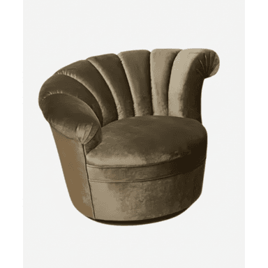 An olive green velvet upholstered barrel chair featuring a distinctive scalloped, channel-tufted backrest that flows into integrated, rounded armrests. The chair has a plush, circular seat and a fully upholstered, rounded base. Its design evokes a luxurious and retro-inspired aesthetic. — 3D model (AI enhanced source)