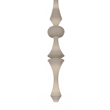 A tall, slender pendant light featuring multiple stacked, organic, and geometric segments. Each segment is illuminated from within and exhibits a fine ribbed or pleated texture. The overall form is a combination of teardrop, spherical, and conical shapes, tapering towards the top and bottom. The material appears to be a translucent, possibly fabric or plastic, diffusing the light. — 3D model (AI enhanced source)