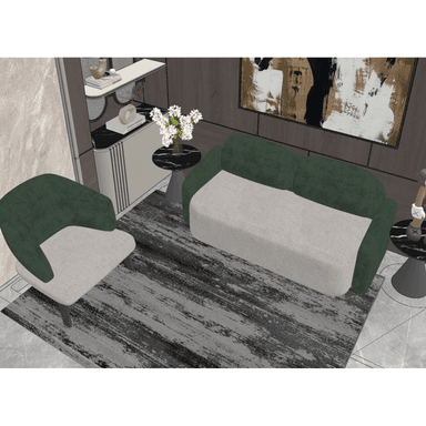 A modern upholstered loveseat featuring a distinctive two-tone design. The backrest and armrests are continuously curved and upholstered in a dark green fabric, while the seat cushion is upholstered in a contrasting light grey or beige fabric. The loveseat has a low profile and rests on short, dark legs. — 3D model (AI enhanced source)