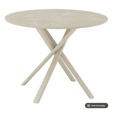 A contemporary round table featuring a light beige, faux-marble top and a unique criss-cross base made of slender, tapered legs in a matching light matte finish. The design is minimalist and modern. — 3D model (AI enhanced source)