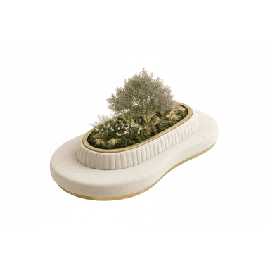 An upholstered, curved seating unit featuring an integrated central planter with an olive tree and green foliage. The seating is finished in a light-colored fabric with channel tufting and gold-finished metal trim. — 3D model (AI enhanced source)