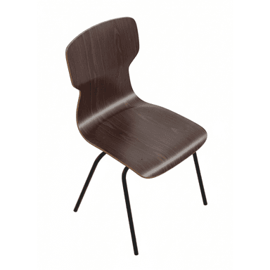A modern side chair featuring a curved, dark wood grain molded plywood seat and back, supported by four splayed black metal legs. — 3D model (AI enhanced source)